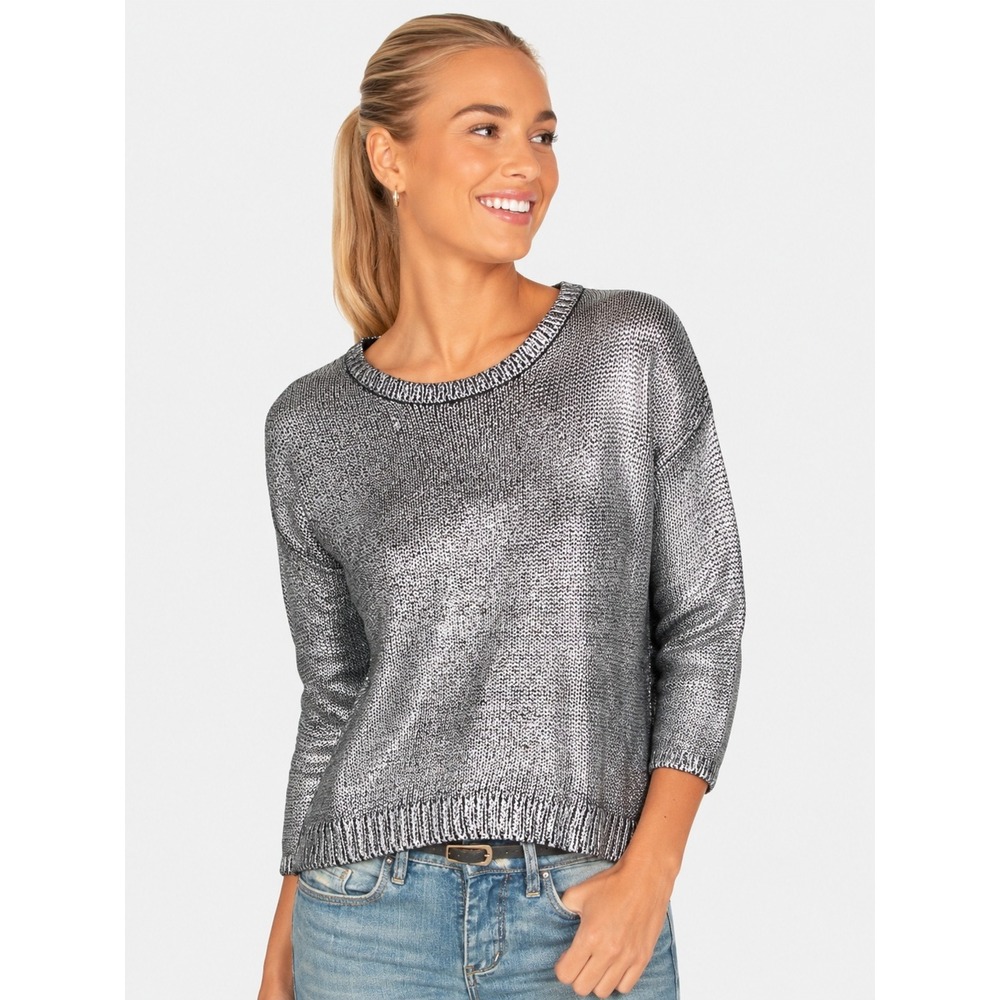 NWOT BB Dakota Chey Metallic Sweater Silver Black Butterfly Open Back M New